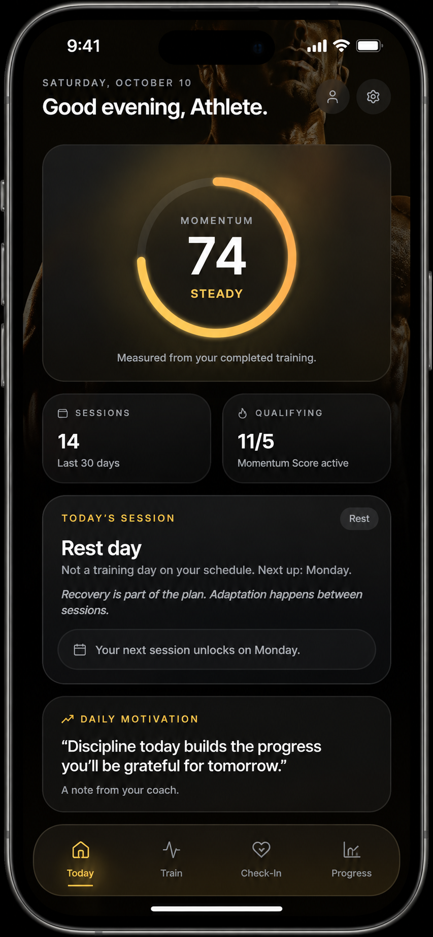 TINUMO Today screen showing Good evening, Athlete, a Momentum Score of 74 (Steady), session stats, a rest day, daily motivation and the bottom navigation